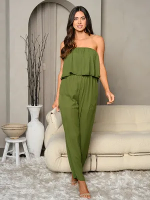 WOMEN'S SLEEVELES OFF SHOULDER SOLID RUFFLE JUMPSUIT