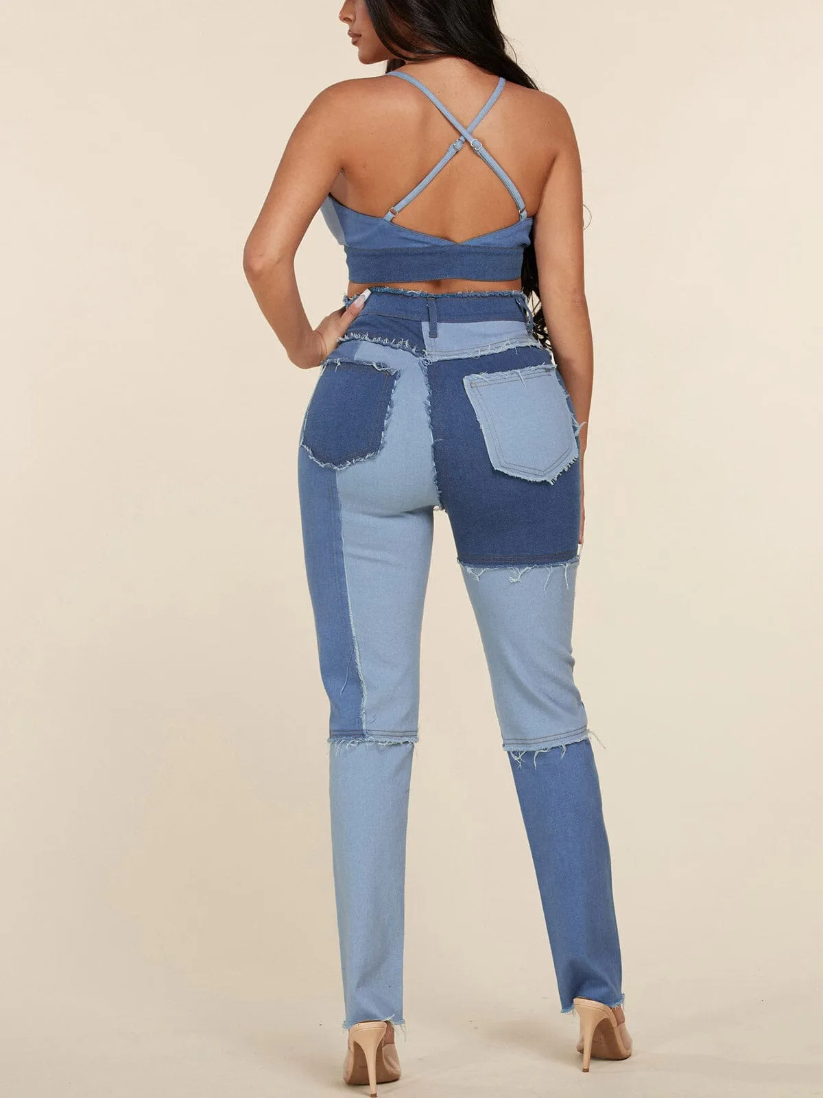 WOMEN'S SLEEVELESS 2PC. TOP & PANTS CHAMBRAY SET