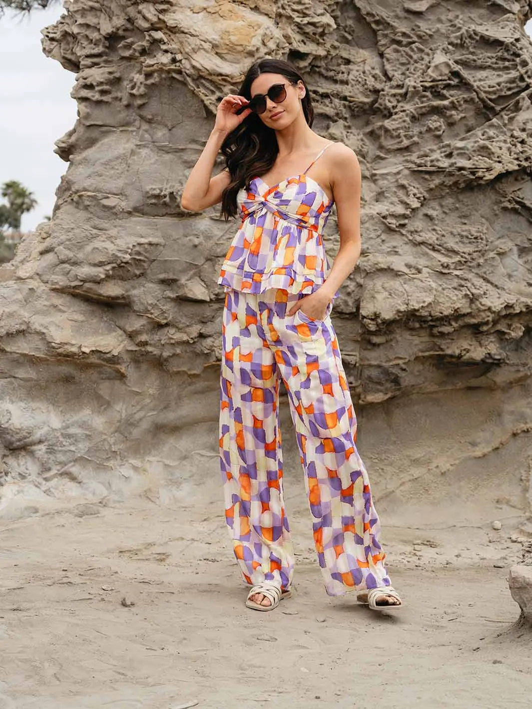 WOMEN'S SLEEVELESS BLOUSE & ELASTIC WAIST PANTS MULTI PRINT 2PC.SET