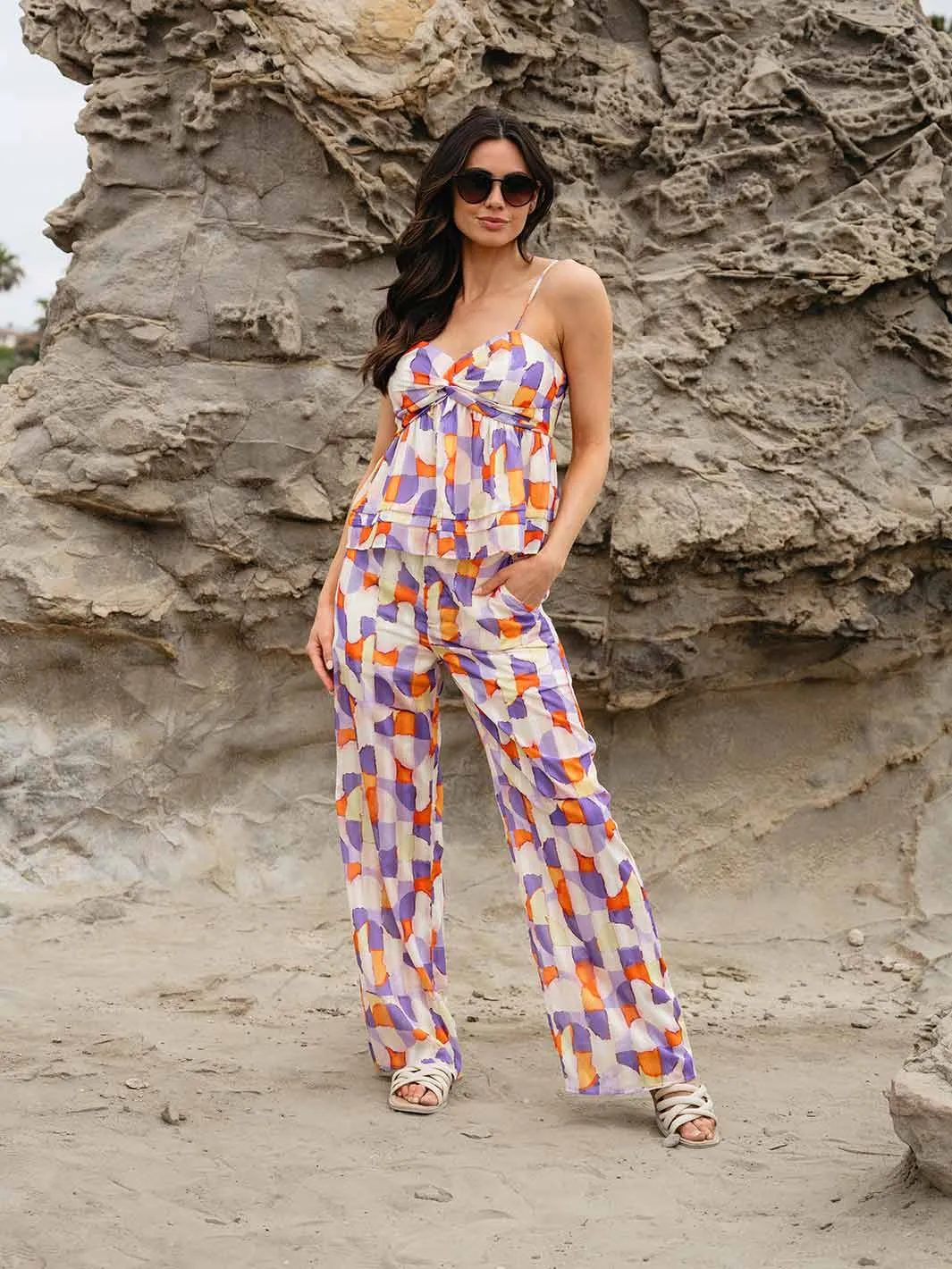 WOMEN'S SLEEVELESS BLOUSE & ELASTIC WAIST PANTS MULTI PRINT 2PC.SET