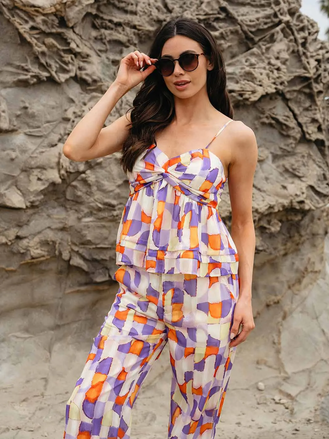 WOMEN'S SLEEVELESS BLOUSE & ELASTIC WAIST PANTS MULTI PRINT 2PC.SET