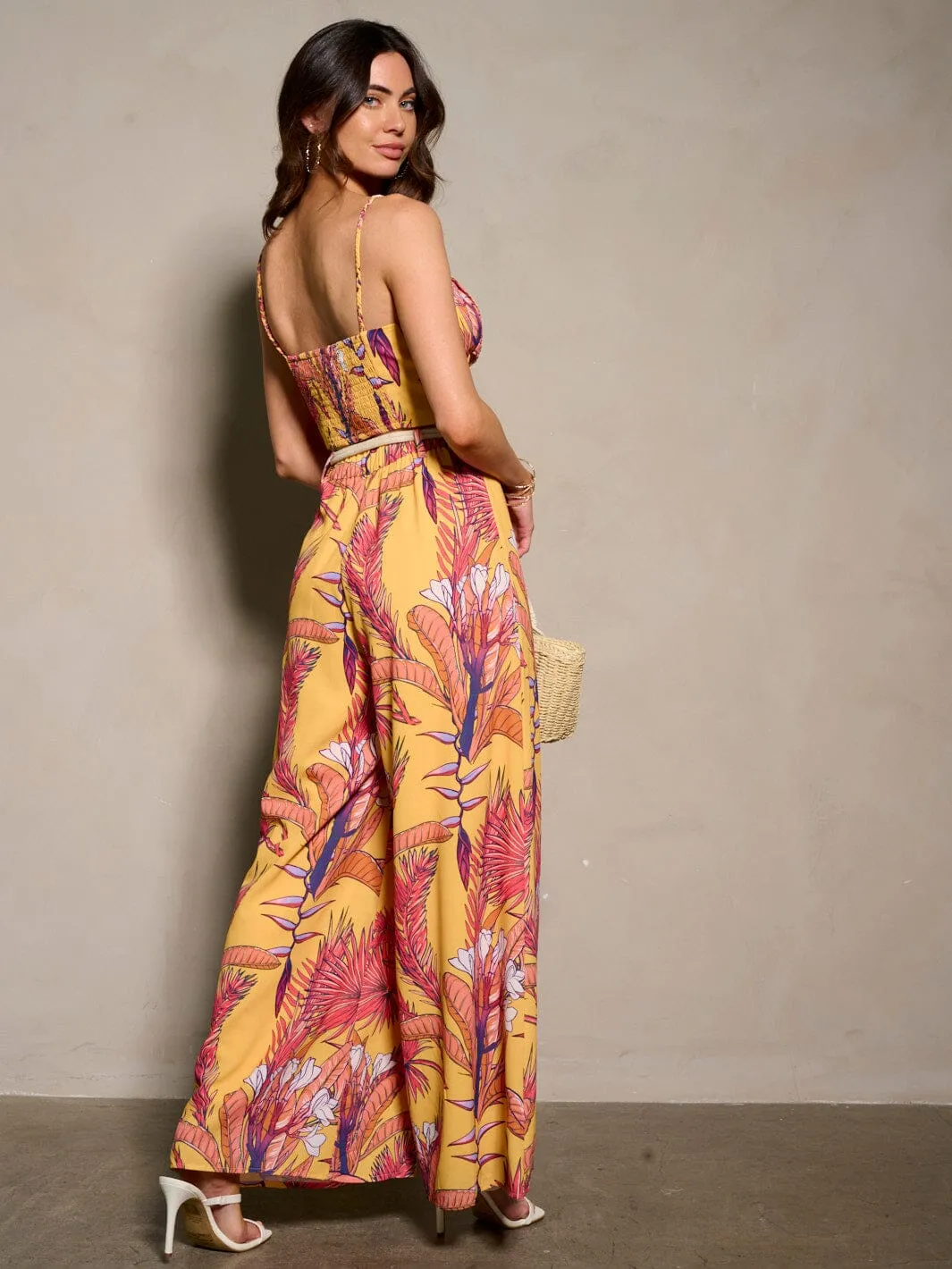 WOMEN'S SLEEVELESS CROP TOP & BELTED PANTS LEAF PRINT 2PC. SET