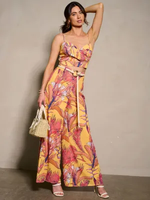 WOMEN'S SLEEVELESS CROP TOP & BELTED PANTS LEAF PRINT 2PC. SET