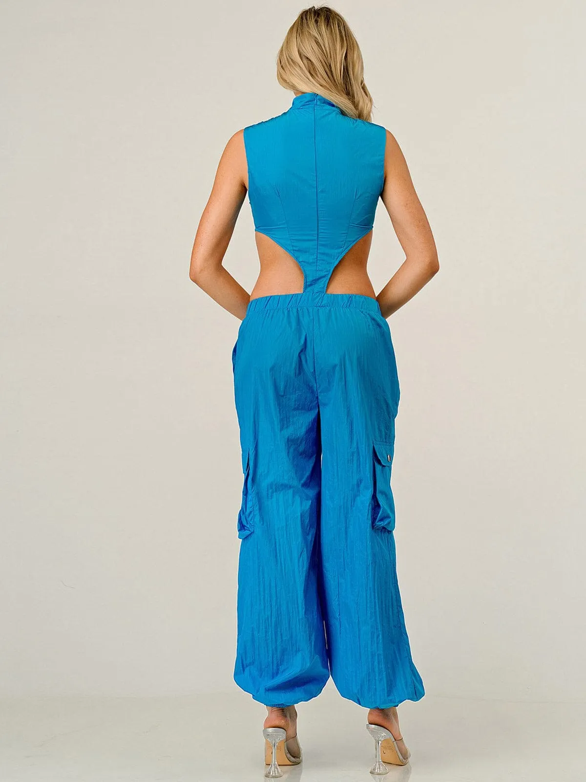 WOMEN'S SLEEVELESS POCKETS CUT OUT JOGGER JUMPSUIT