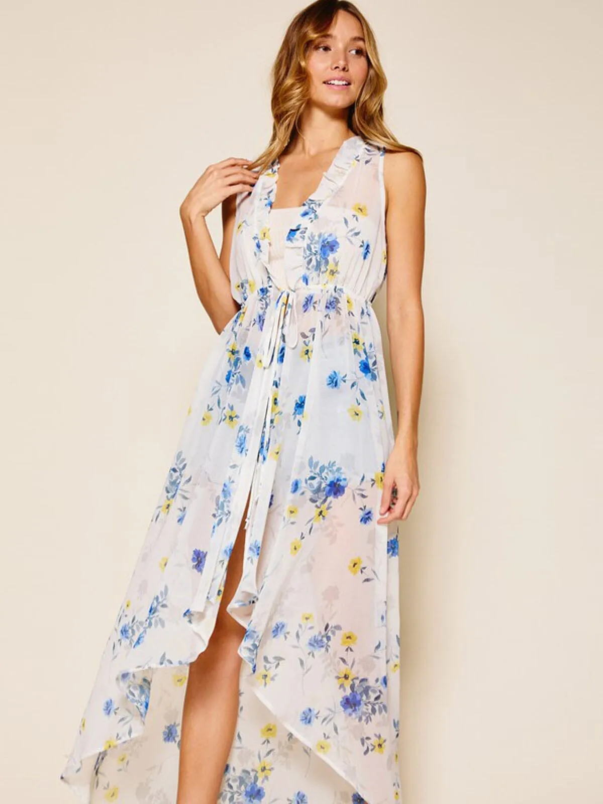 WOMEN'S SLEEVELESS SELF TIE FLORAL KIMONO