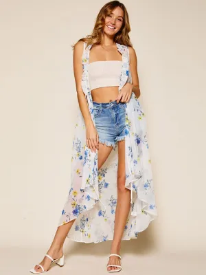 WOMEN'S SLEEVELESS SELF TIE FLORAL KIMONO