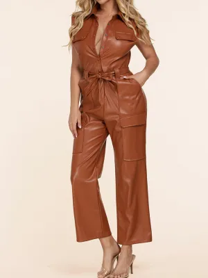WOMEN'S SLEEVELESS SELF TIE PU PLEATHER JUMPSUIT