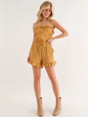 WOMEN'S SLEEVELESS SMOCK WAIST POCKETS RUFFLE ROMPER