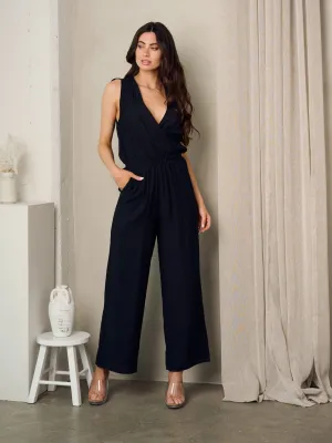 WOMEN'S SLEEVELESS V-NECK POCKETS SURPLICE JUMPSUIT