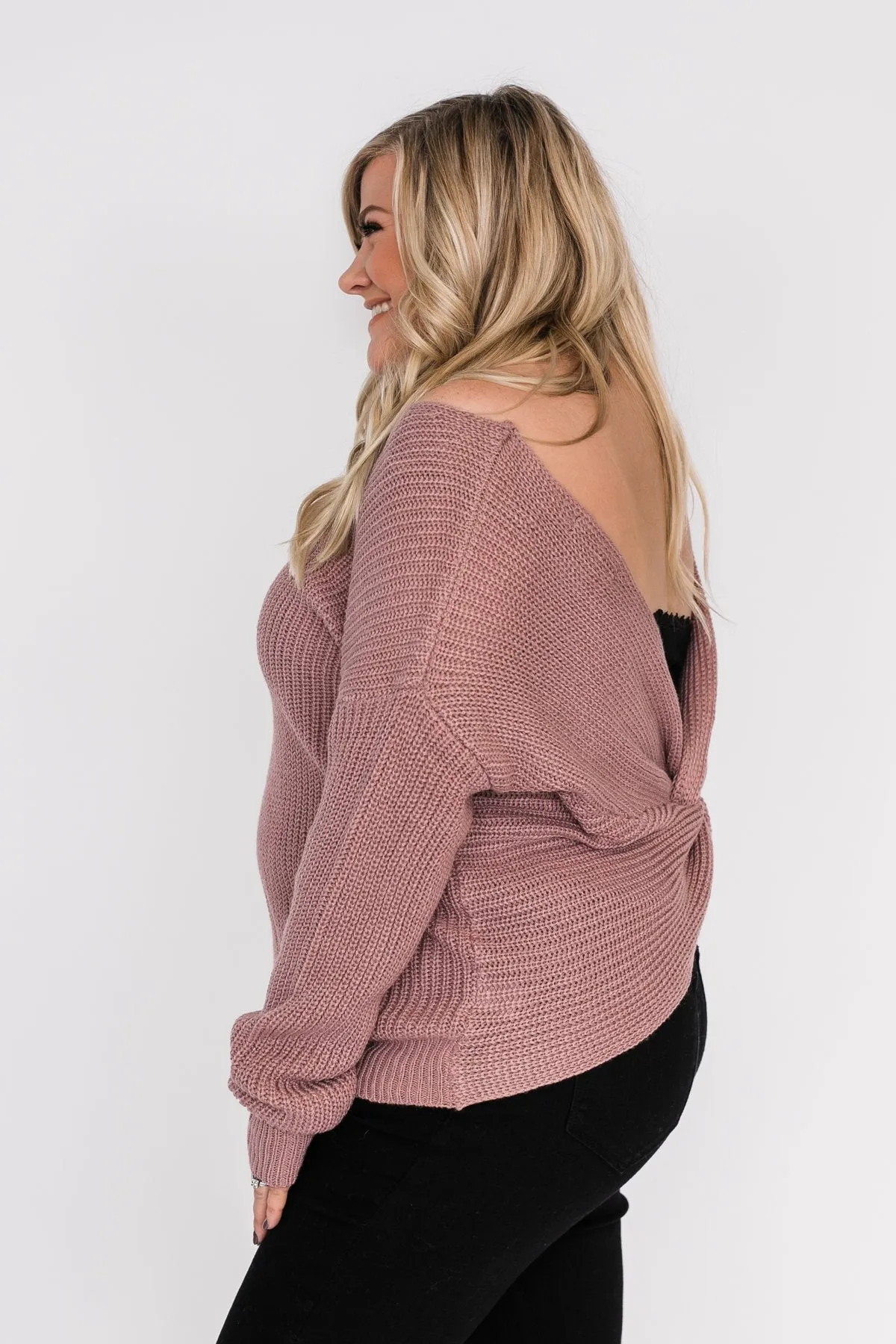 Xoxo Open Back Twist Sweater- Mauve