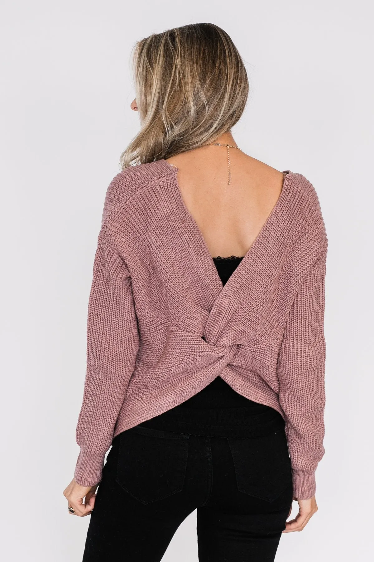 Xoxo Open Back Twist Sweater- Mauve