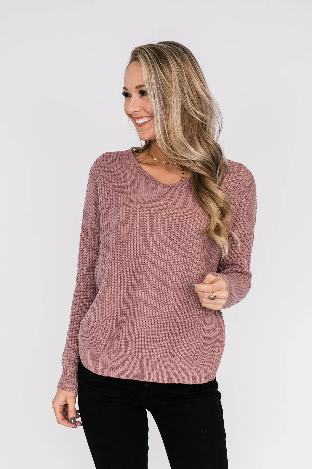 Xoxo Open Back Twist Sweater- Mauve