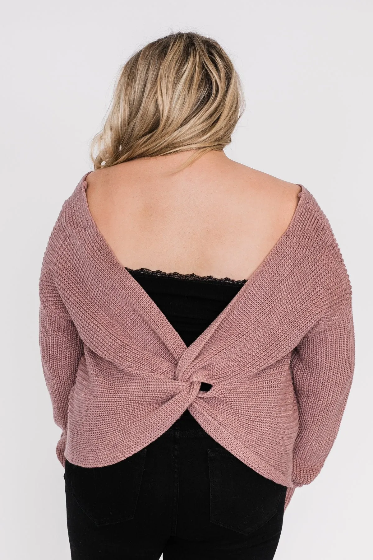 Xoxo Open Back Twist Sweater- Mauve